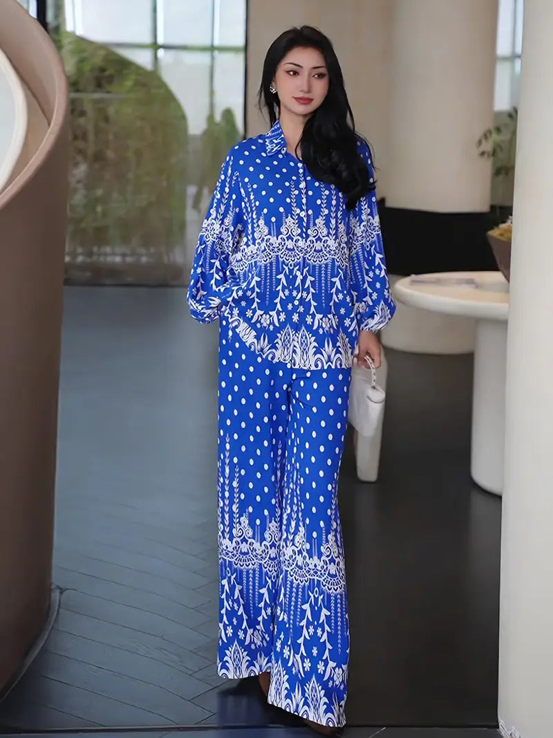 Bold Bloom Two-Piece Set – Printed Shirt & High-Waist Wide-Leg Pants