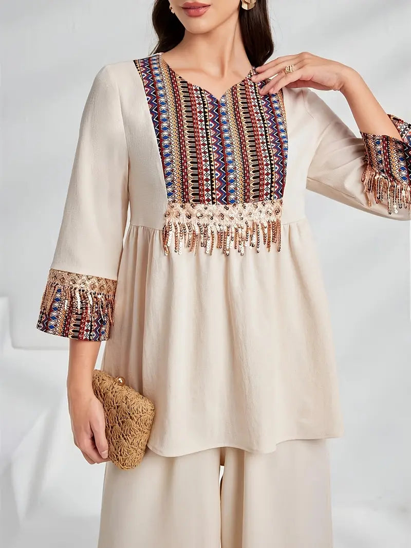 Elegant Summer Patchwork Co-ord Set for Women – Beaded Fringe Top with Wide-Leg Pants (2pcs)