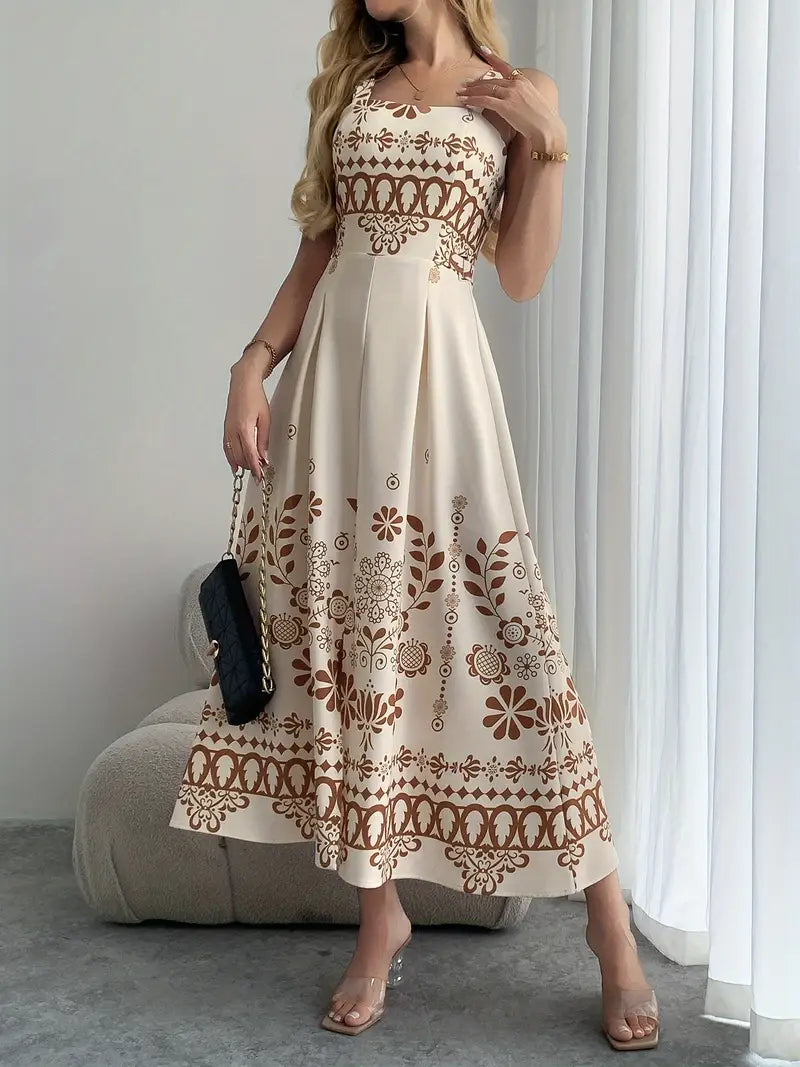 Women's Beige & Brown Floral Maxi Dress – A-Line Spaghetti Strap Beach & Wedding Outfit