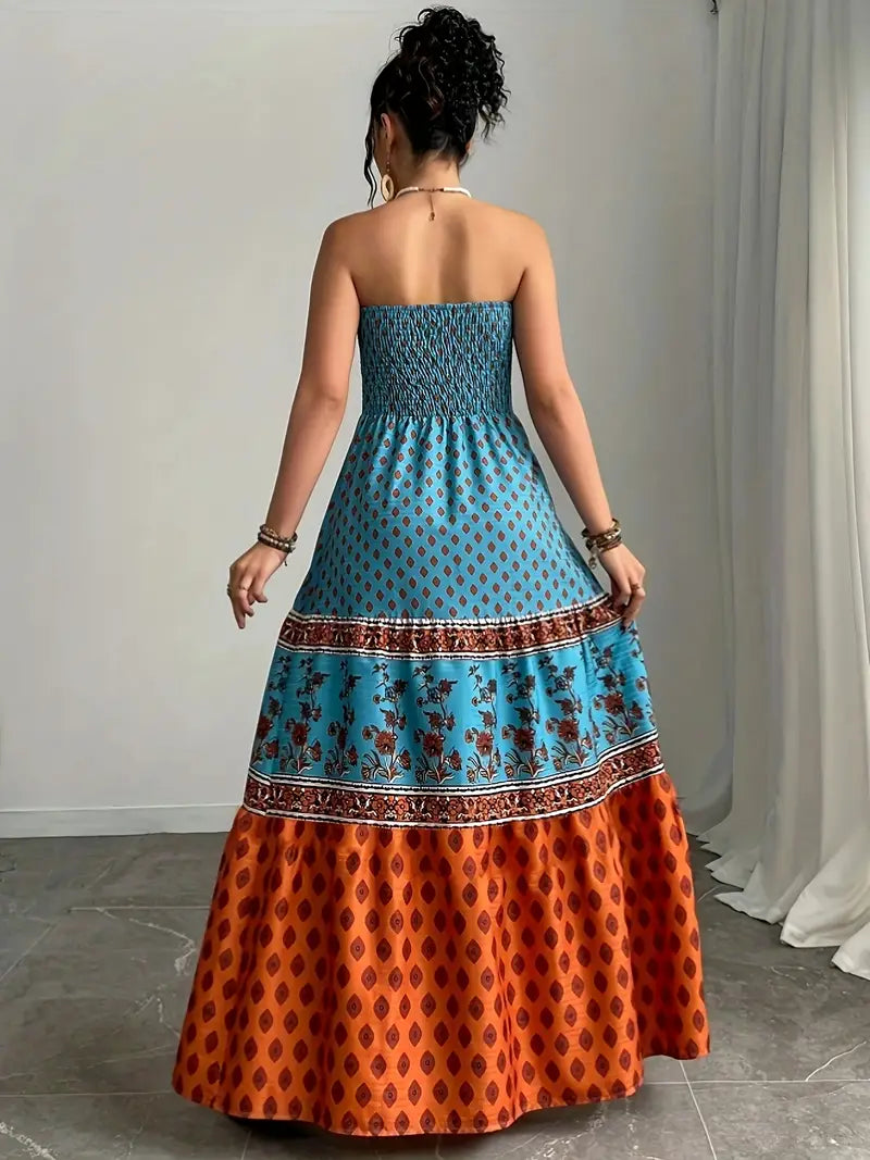 Airy Off-Shoulder Maxi Dress – Ruffle Trim, Pleated Skirt, Lightweight Fabric for Sunny Days & Vacations