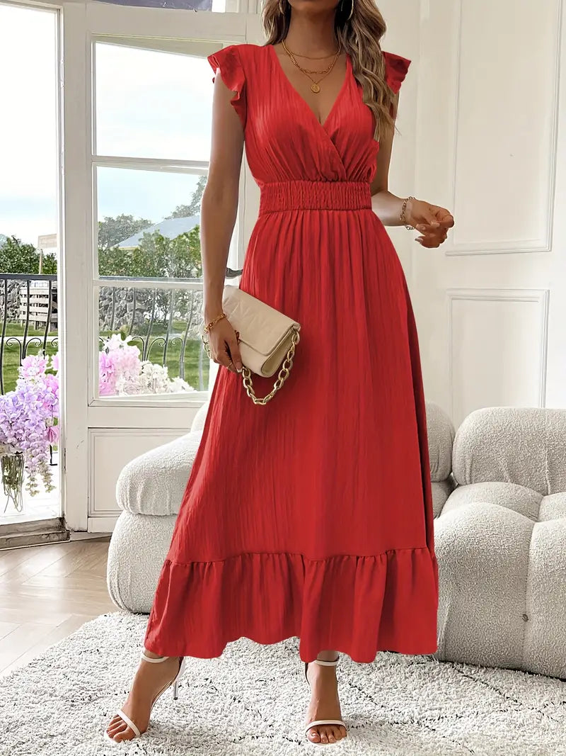 Elegant Ruffle Sleeve Surplice Neck Dress – Space Lightweight & Flattering Summer Style