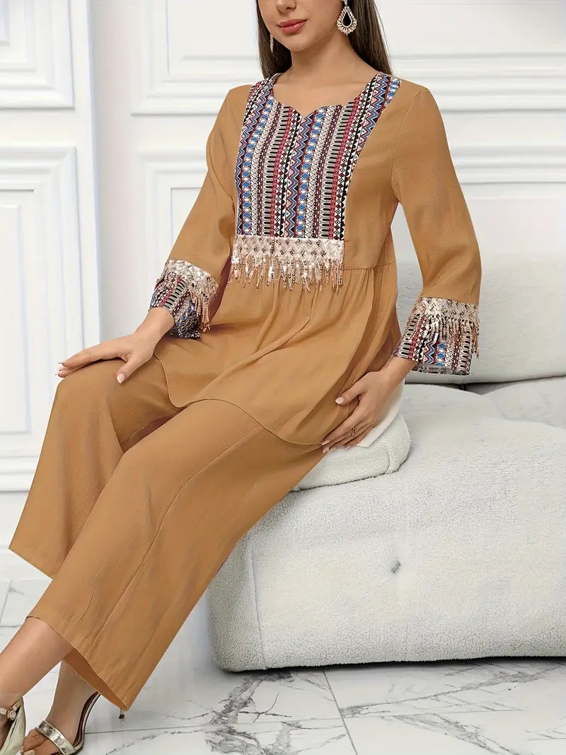 Elegant Summer Patchwork Co-ord Set for Women – Beaded Fringe Top with Wide-Leg Pants (2pcs)