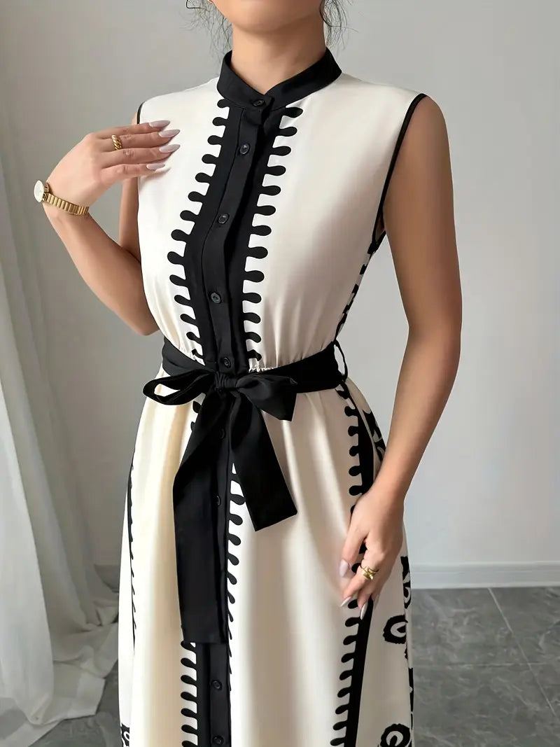 Modern Summer Dress – Sleeveless, Belted, Stand Collar, Pockets – Women's Black & White Casual Wear"