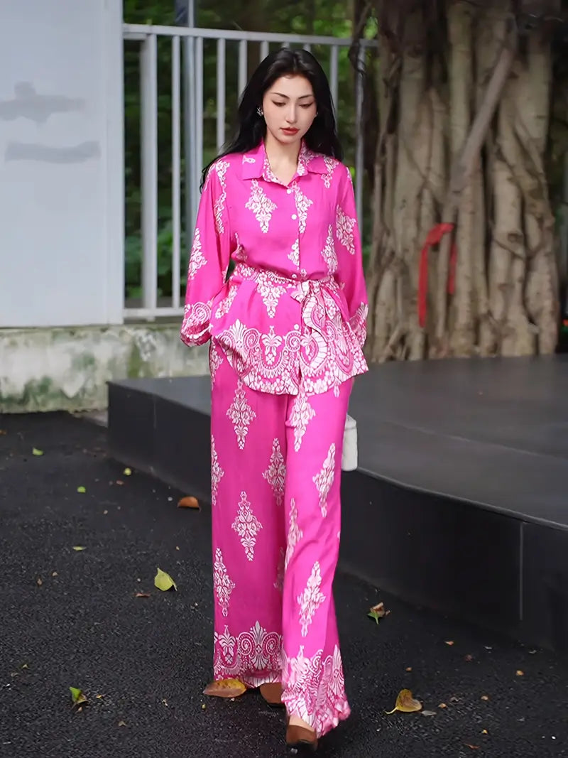 Bold Bloom Two-Piece Set – Printed Shirt & High-Waist Wide-Leg Pants