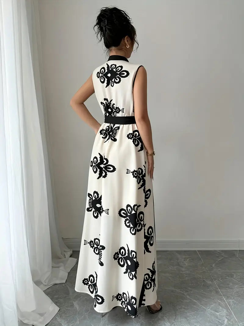 Modern Summer Dress – Sleeveless, Belted, Stand Collar, Pockets – Women's Black & White Casual Wear"