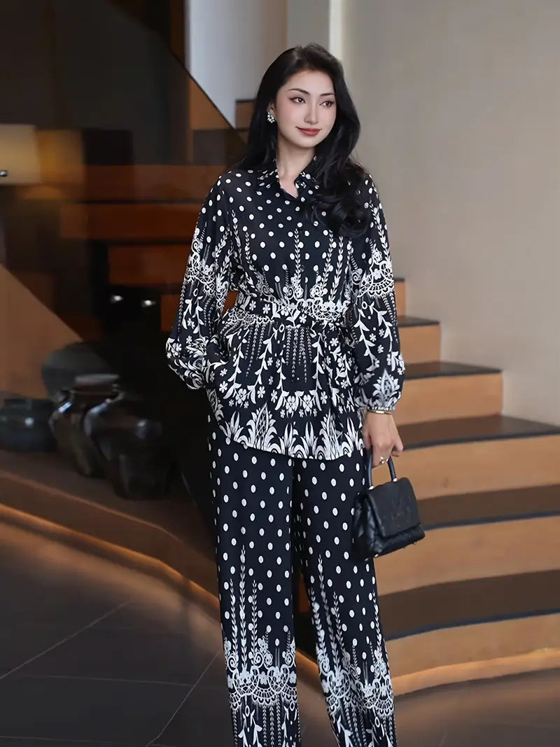 Bold Bloom Two-Piece Set – Printed Shirt & High-Waist Wide-Leg Pants