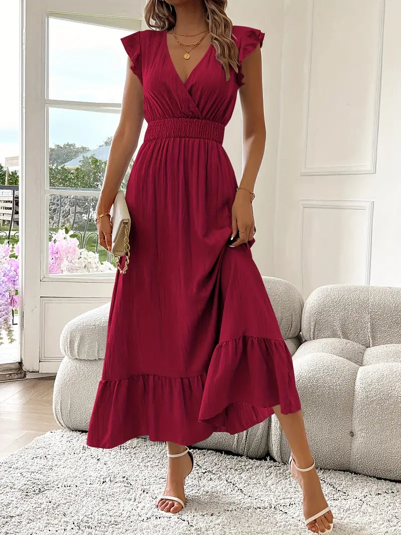 Elegant Ruffle Sleeve Surplice Neck Dress – Space Lightweight & Flattering Summer Style