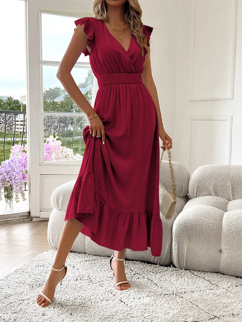 Elegant Ruffle Sleeve Surplice Neck Dress – Space Lightweight & Flattering Summer Style