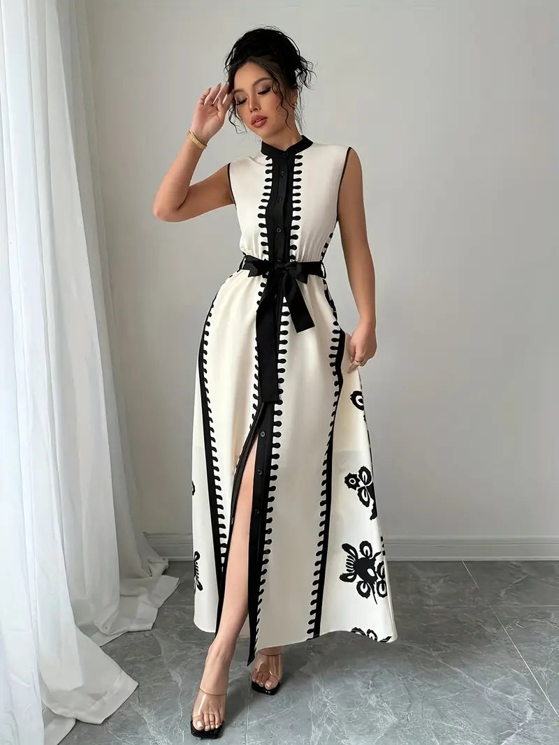 Modern Summer Dress – Sleeveless, Belted, Stand Collar, Pockets – Women's Black & White Casual Wear"