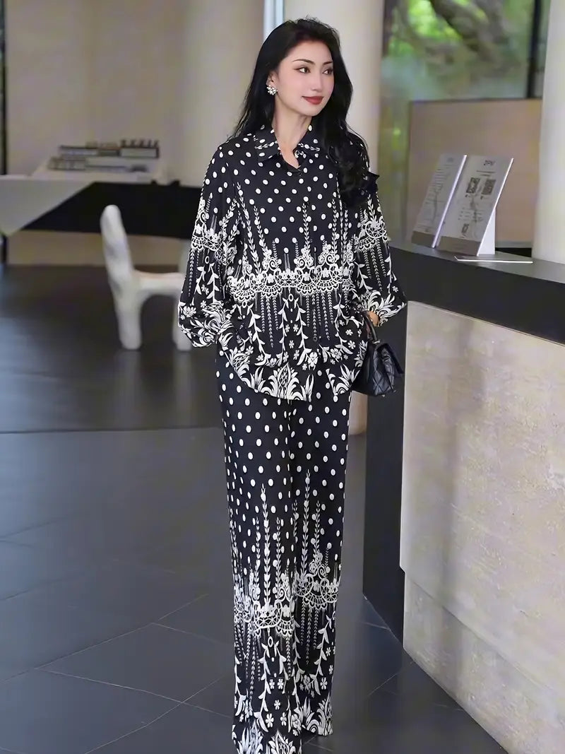 Bold Bloom Two-Piece Set – Printed Shirt & High-Waist Wide-Leg Pants