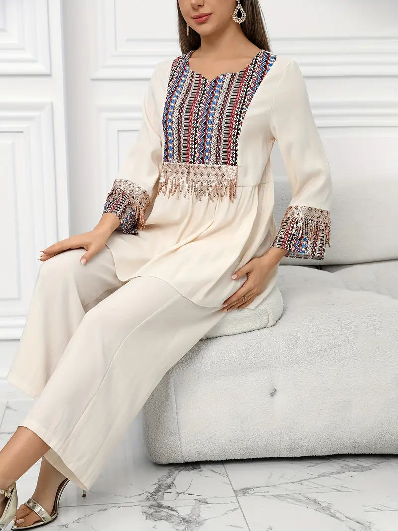 Elegant Summer Patchwork Co-ord Set for Women – Beaded Fringe Top with Wide-Leg Pants (2pcs)