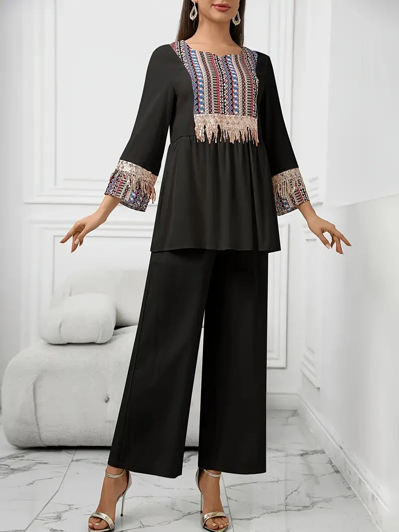 Elegant Summer Patchwork Co-ord Set for Women – Beaded Fringe Top with Wide-Leg Pants (2pcs)