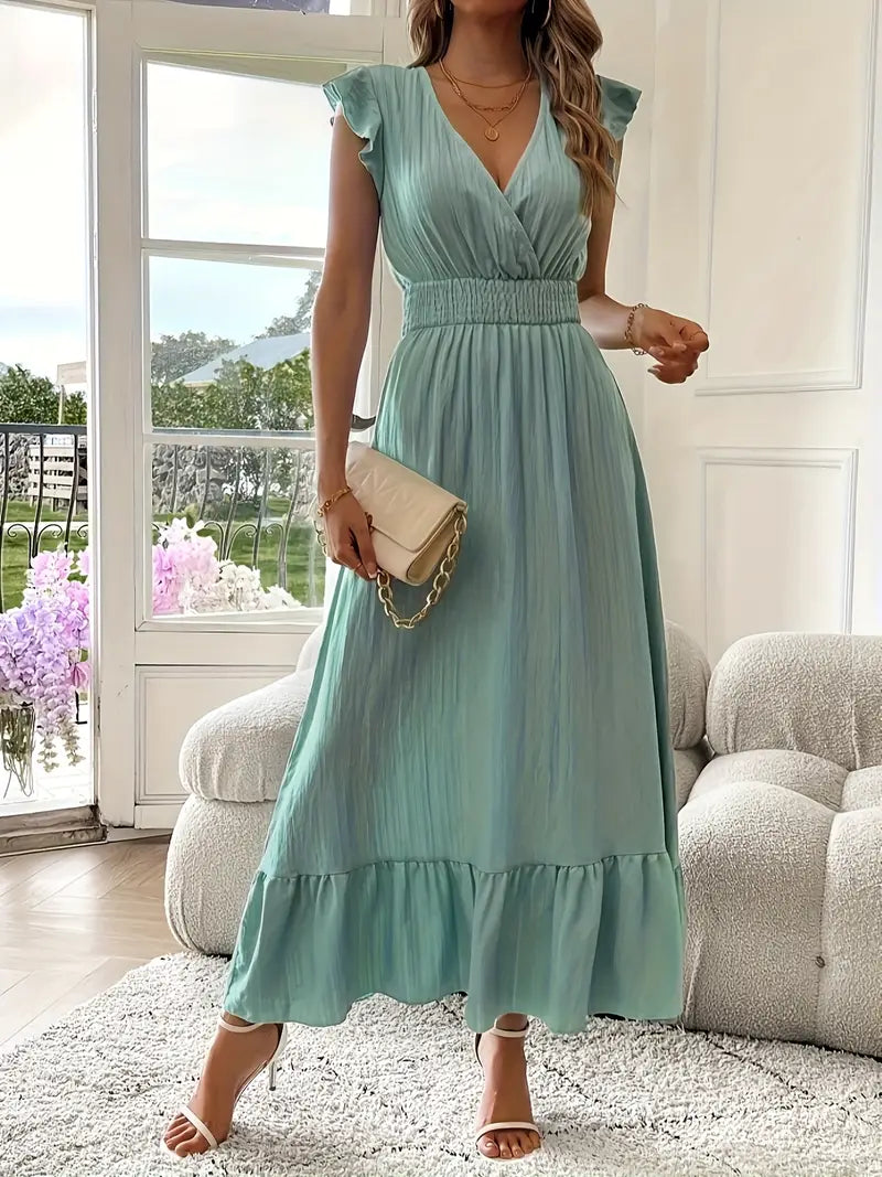 Elegant Ruffle Sleeve Surplice Neck Dress – Space Lightweight & Flattering Summer Style
