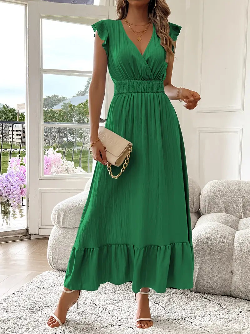 Elegant Ruffle Sleeve Surplice Neck Dress – Space Lightweight & Flattering Summer Style