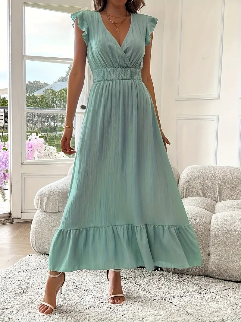 Elegant Ruffle Sleeve Surplice Neck Dress – Space Lightweight & Flattering Summer Style