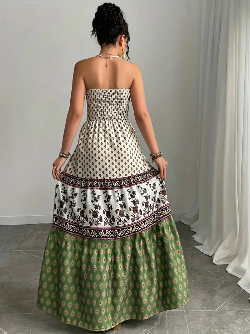 Airy Off-Shoulder Maxi Dress – Ruffle Trim, Pleated Skirt, Lightweight Fabric for Sunny Days & Vacations