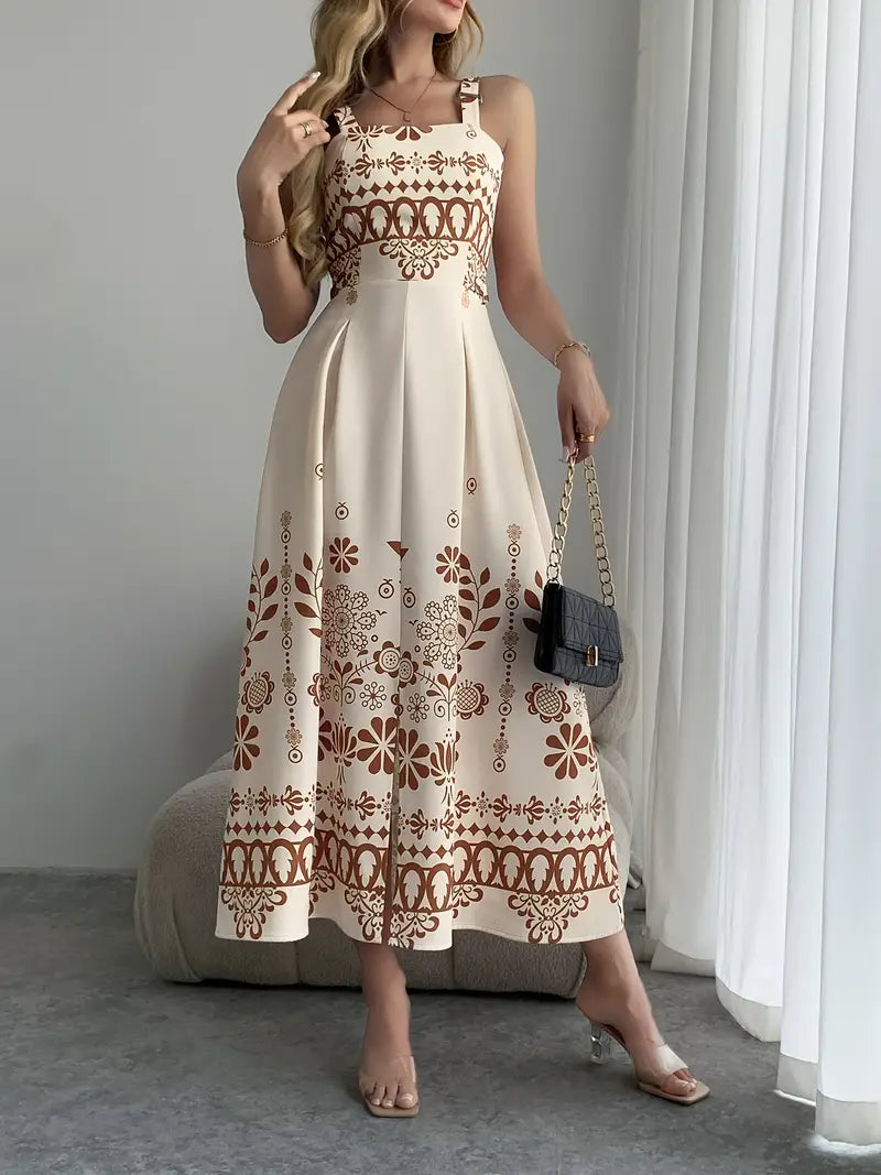 Women's Beige & Brown Floral Maxi Dress – A-Line Spaghetti Strap Beach & Wedding Outfit