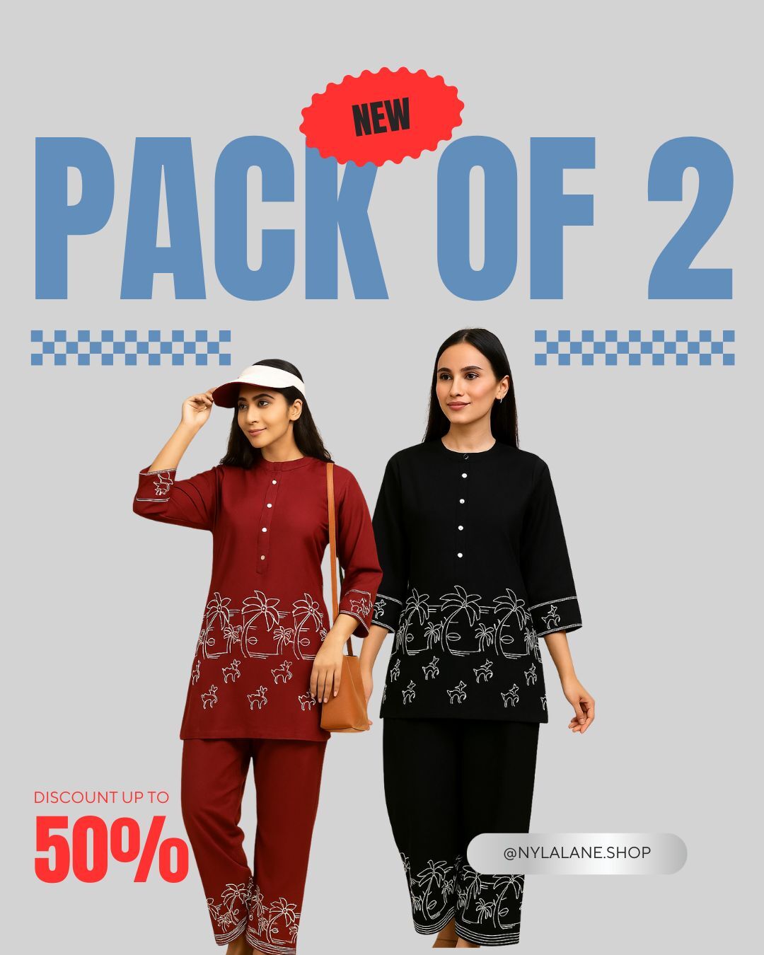 Pack of 2 Embroidered Cotton Co-Ord Set