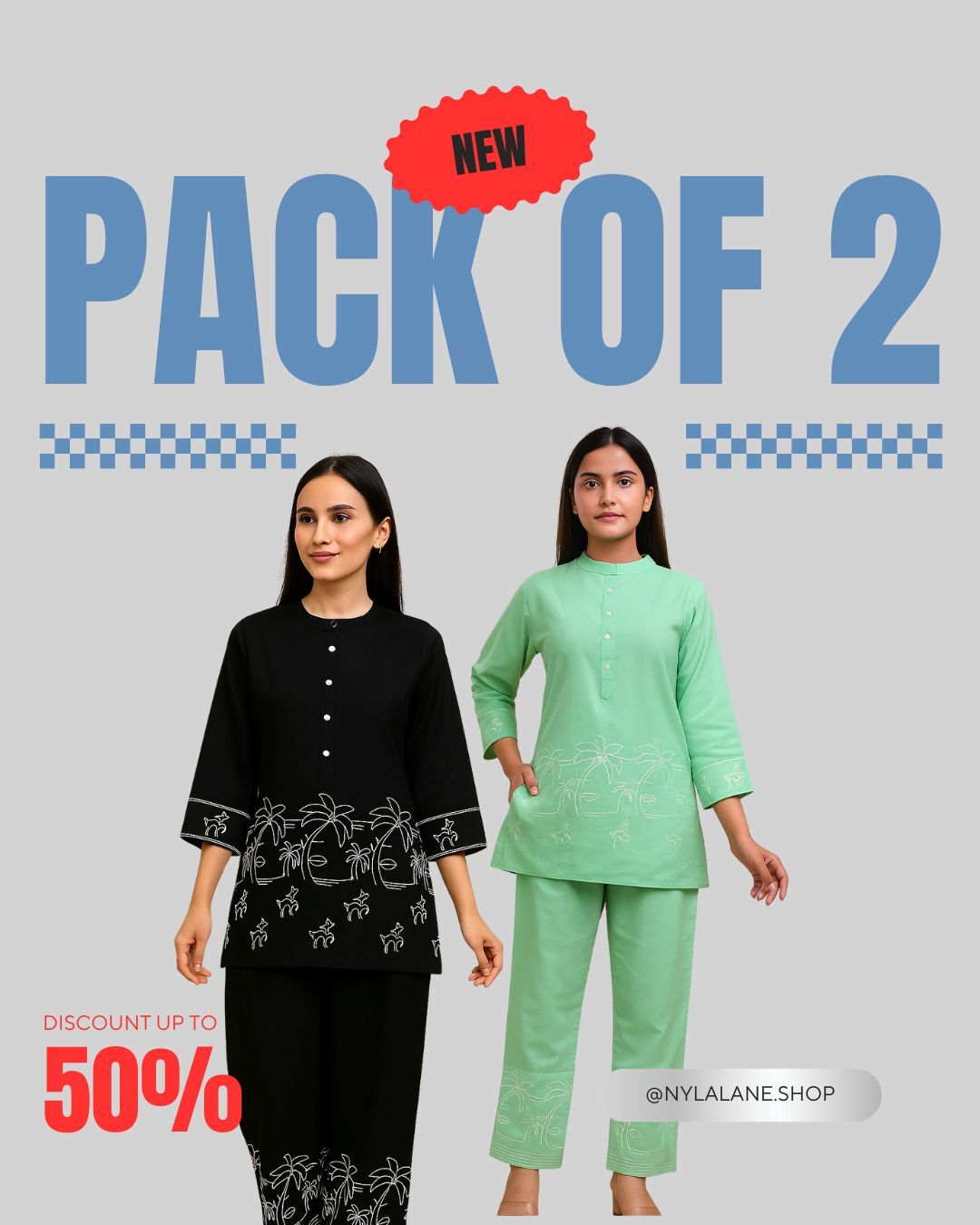 Pack of 2 Embroidered Cotton Co-Ord Set