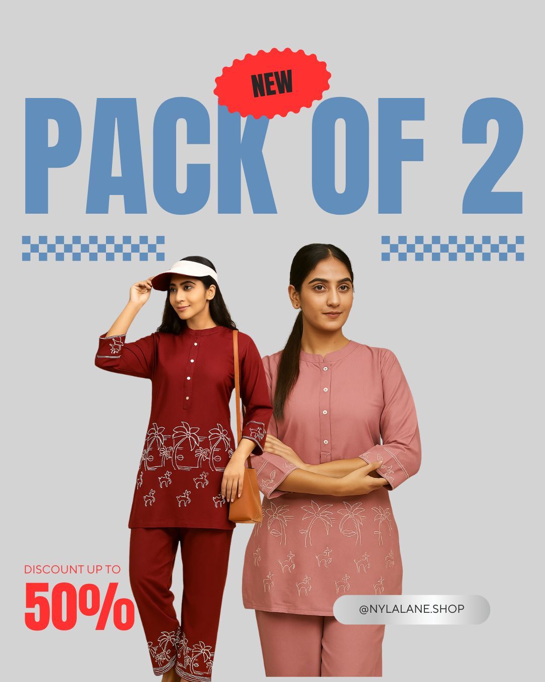 Pack of 2 Embroidered Cotton Co-Ord Set