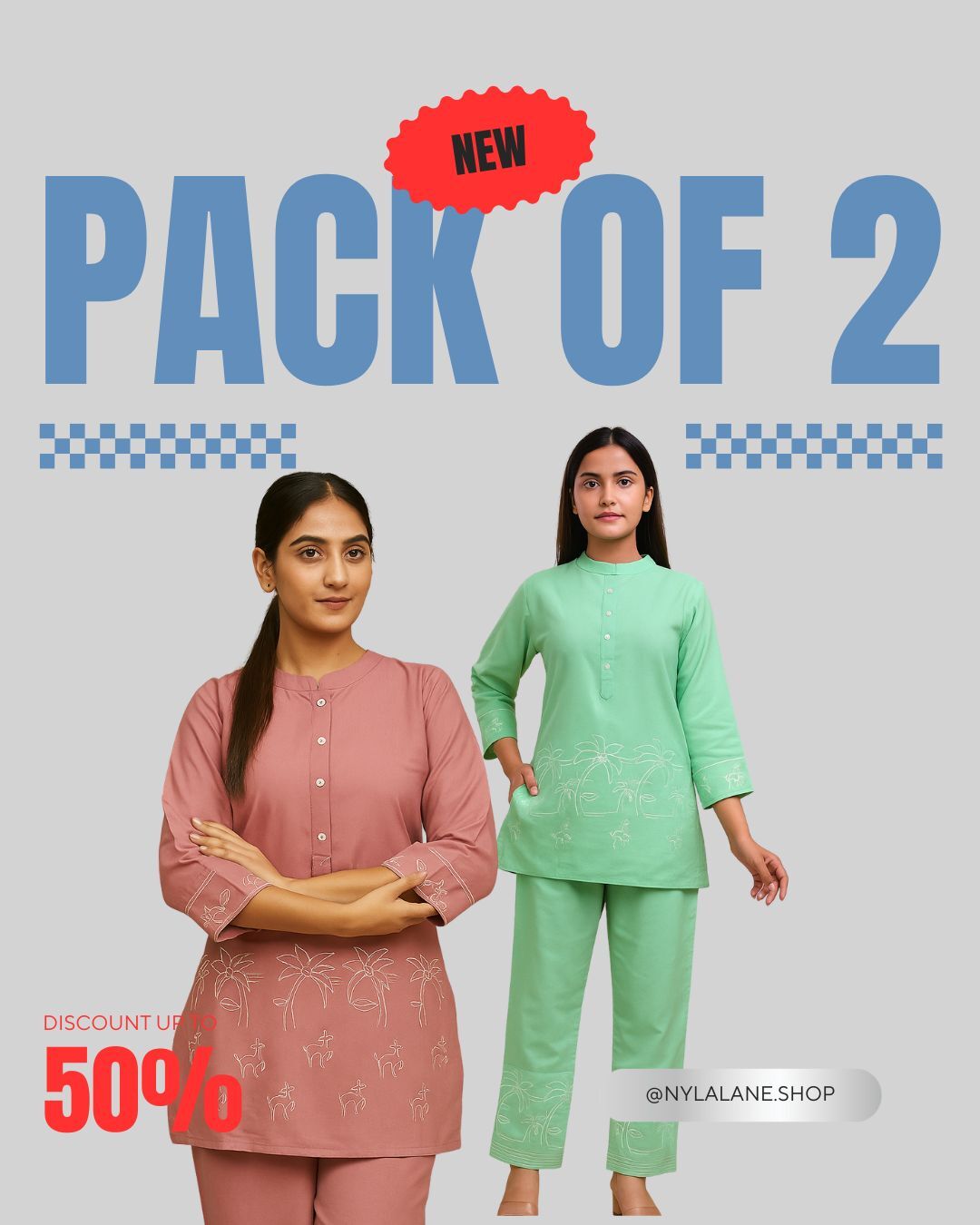 Pack of 2 Embroidered Cotton Co-Ord Set