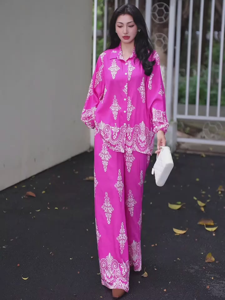 Bold Bloom Two-Piece Set – Printed Shirt & High-Waist Wide-Leg Pants