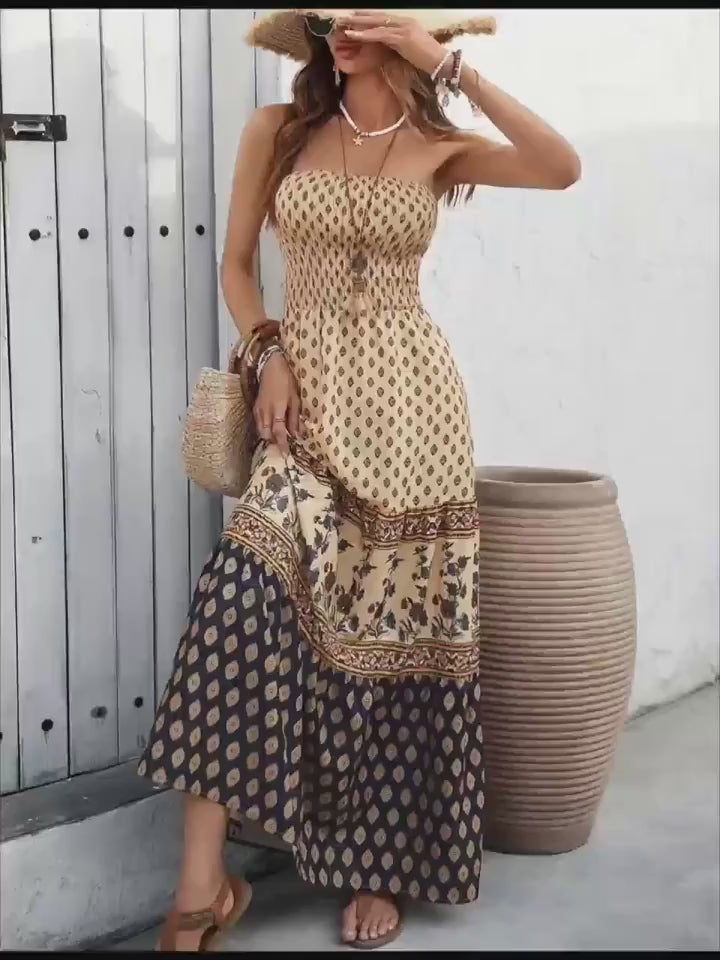 Airy Off-Shoulder Maxi Dress – Ruffle Trim, Pleated Skirt, Lightweight Fabric for Sunny Days & Vacations
